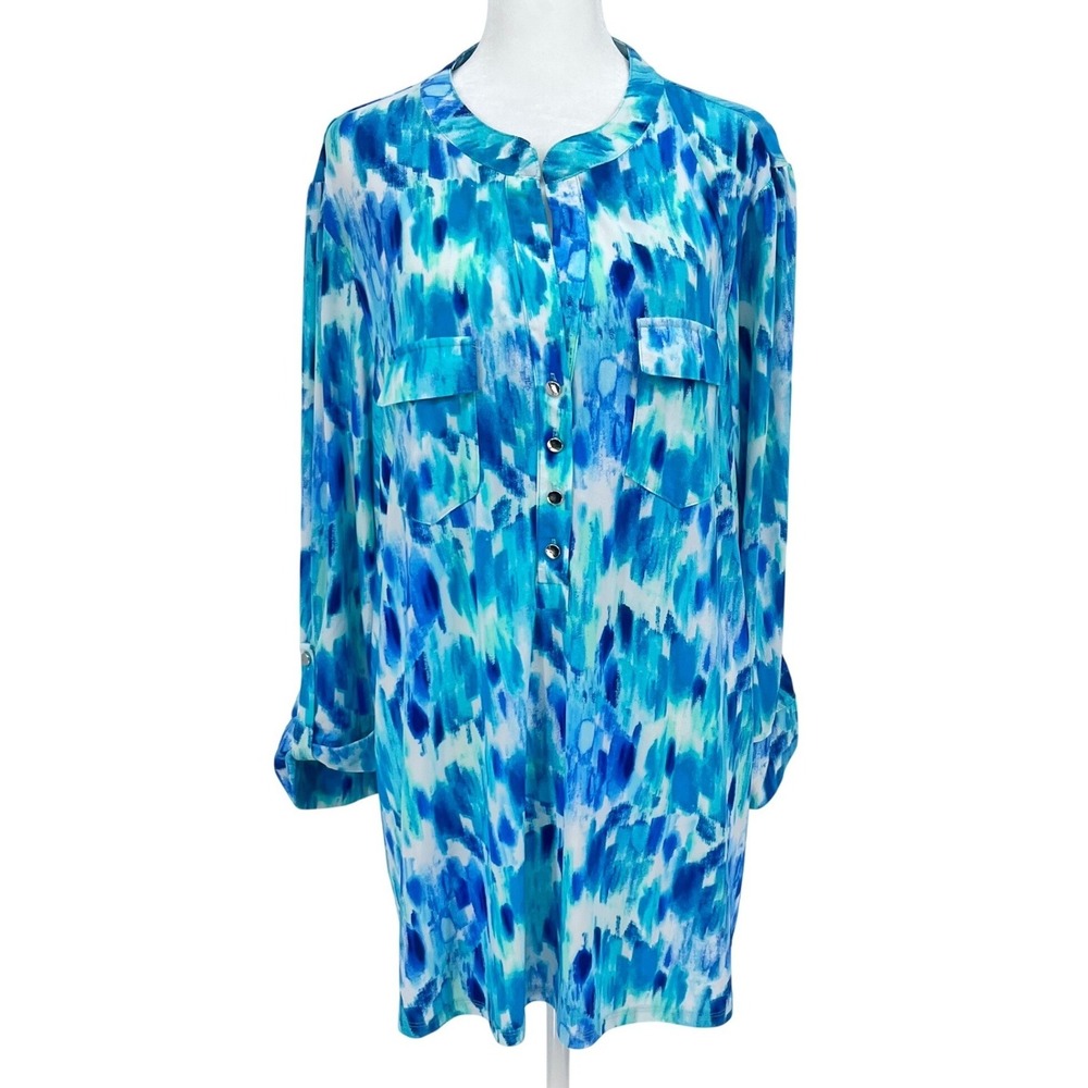 Ava & Grace Woman 2X Blouse Abstract‎ Blue White Green Liquid Knit Lagenlook